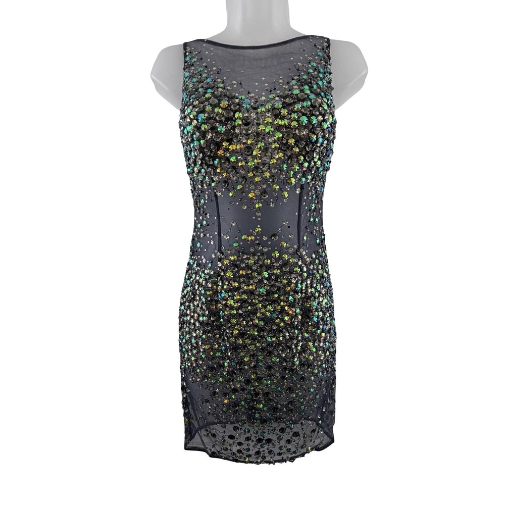 Mac Duggal‎ Dress Womens 0 Black Rhinestone Sequin Mesh Sheer Bodycon Mini Party